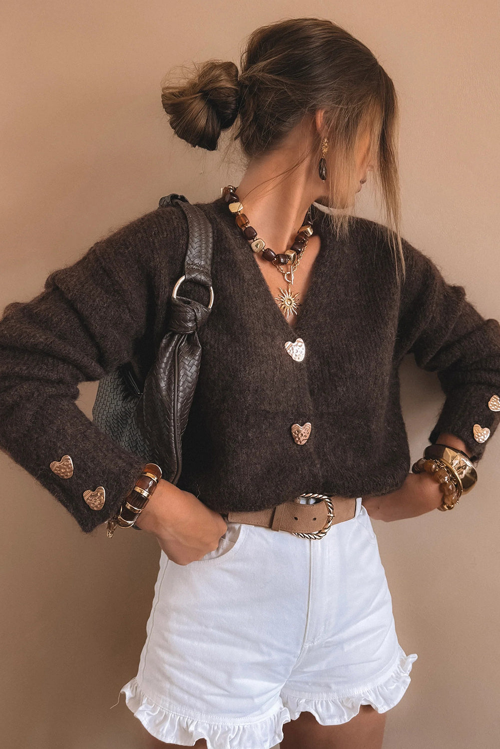 Chicory Coffee V Neck Metallic Heart Button Knit Cardigan