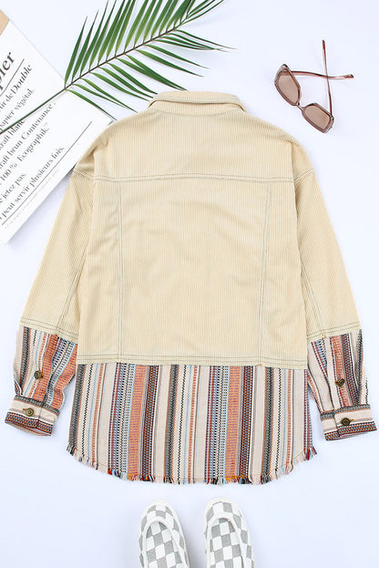 Beige Button Up Pockets Striped Color Block Corduroy Jacket Shewin