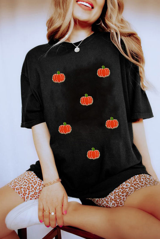 Black Chenille Pumpkin Patched Casual Cotton Blend T Shirt Shewin