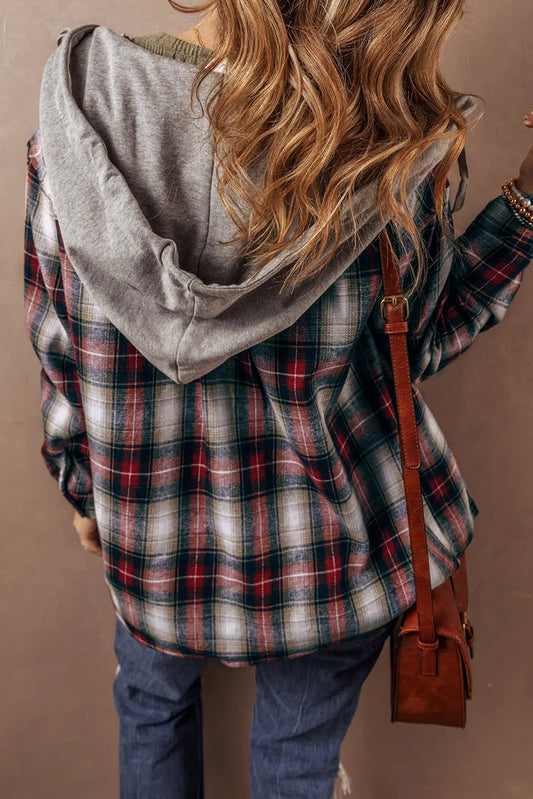 Red Plaid Print Chest Pocket Button Hooded Shacket Shewin