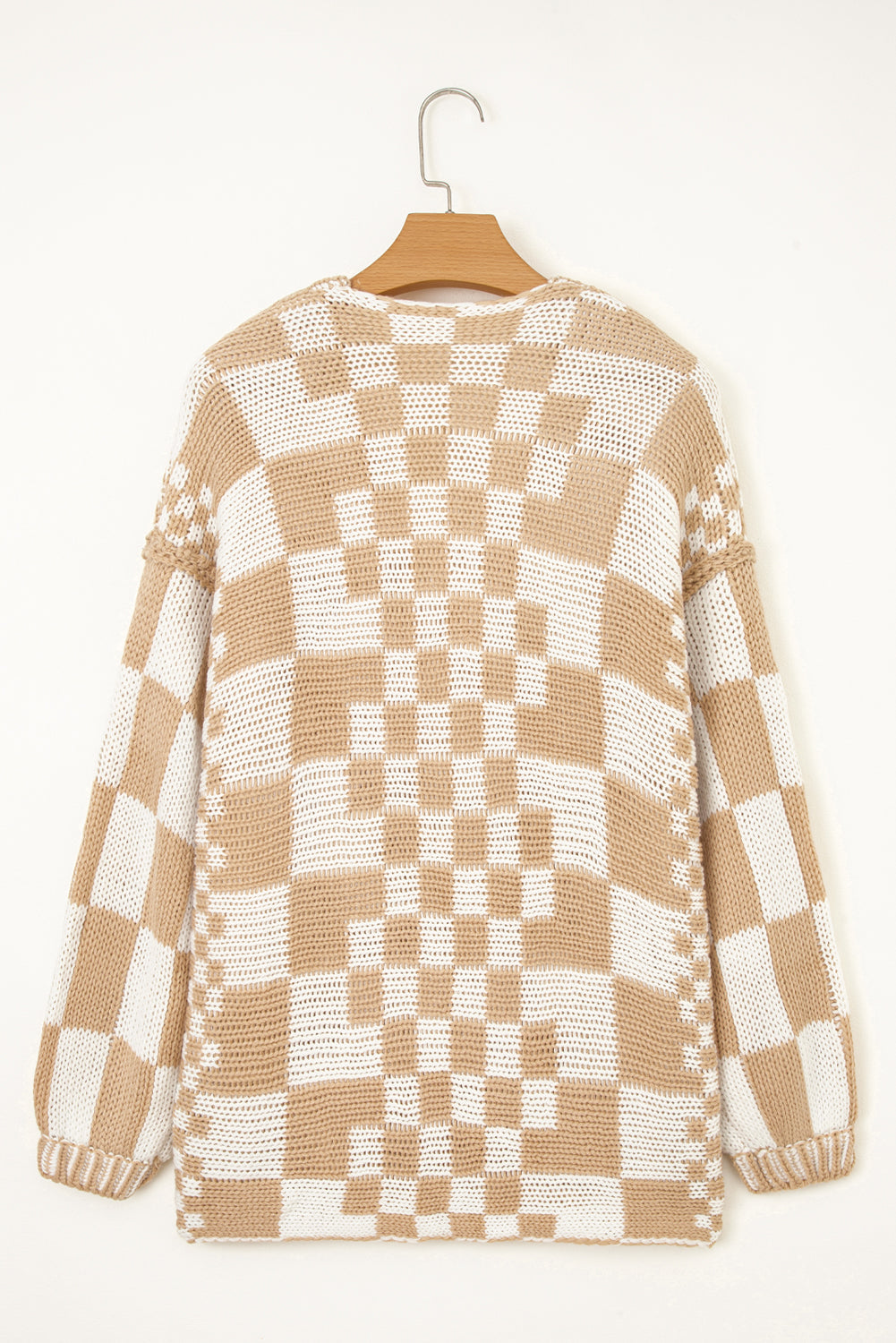 Dark Brown Colorblock Checked Loose Fit Open Front Knitted Cardigan Shewin