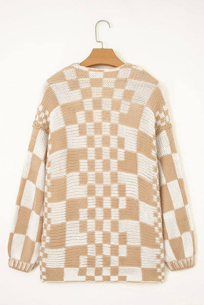 Dark Brown Colorblock Checked Loose Fit Open Front Knitted Cardigan Shewin