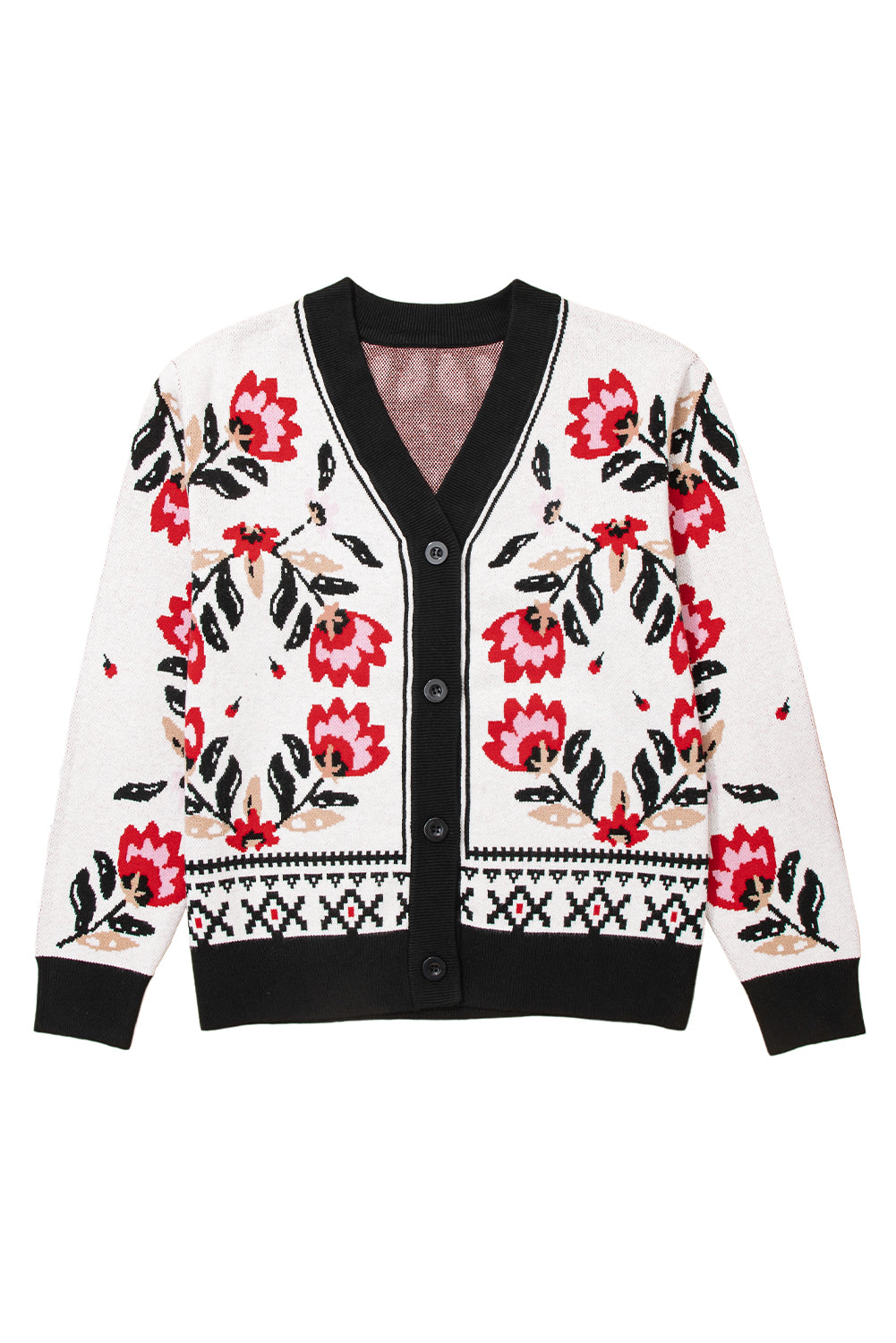 Black Floral Print Button Front V Neck Contrast Trim Cardigan