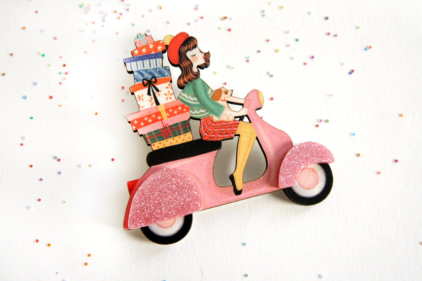 Girl on Scooter with Gifts Brooch by Laliblue