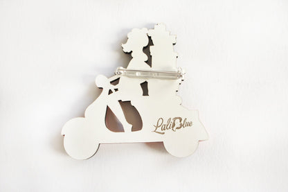 Girl on Scooter with Gifts Brooch by Laliblue