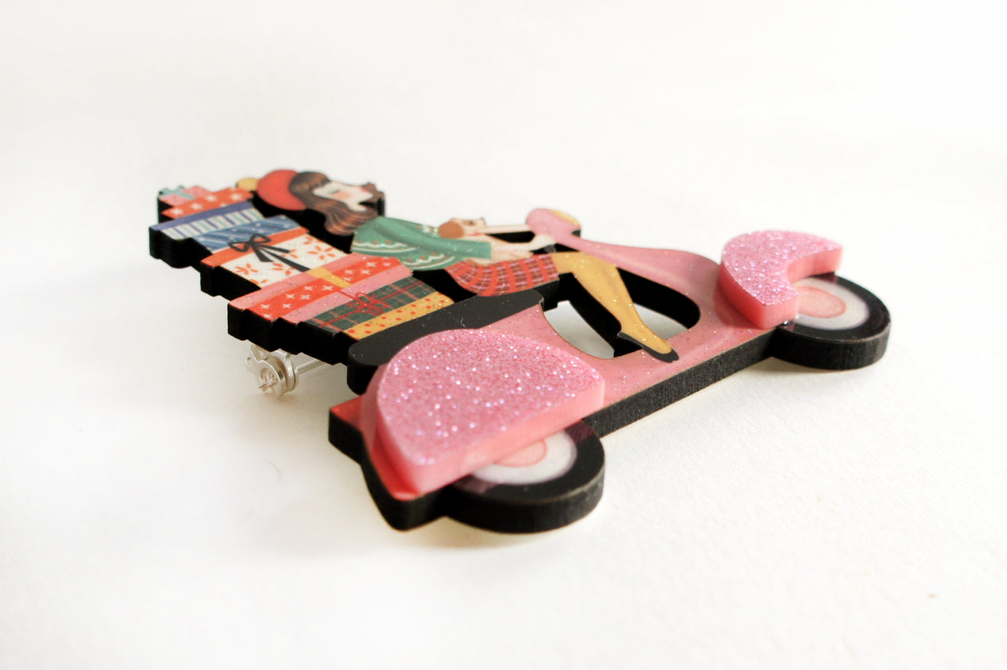 Girl on Scooter with Gifts Brooch by Laliblue