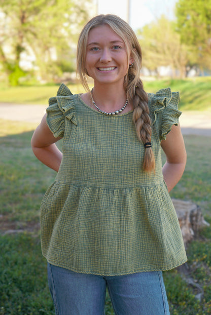 Lite Olive - Gauze Acid Washed Tiered Ruffle Peplum Top