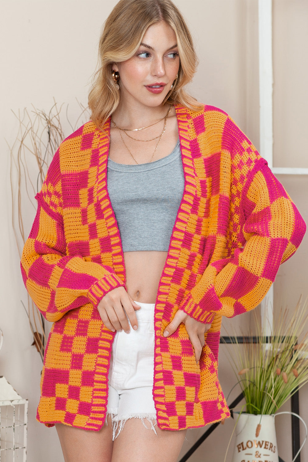 Dark Brown Colorblock Checked Loose Fit Open Front Knitted Cardigan Shewin