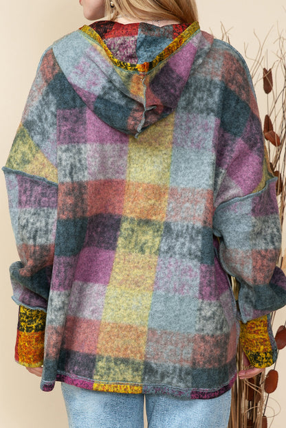 Multicolor Brushed Check Kangaroo Pocket Thumbholes Henley Hoodie Shewin