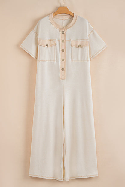 Beau Blue Patchwork Pocket Short Sleeve Jumpsuit Shewin