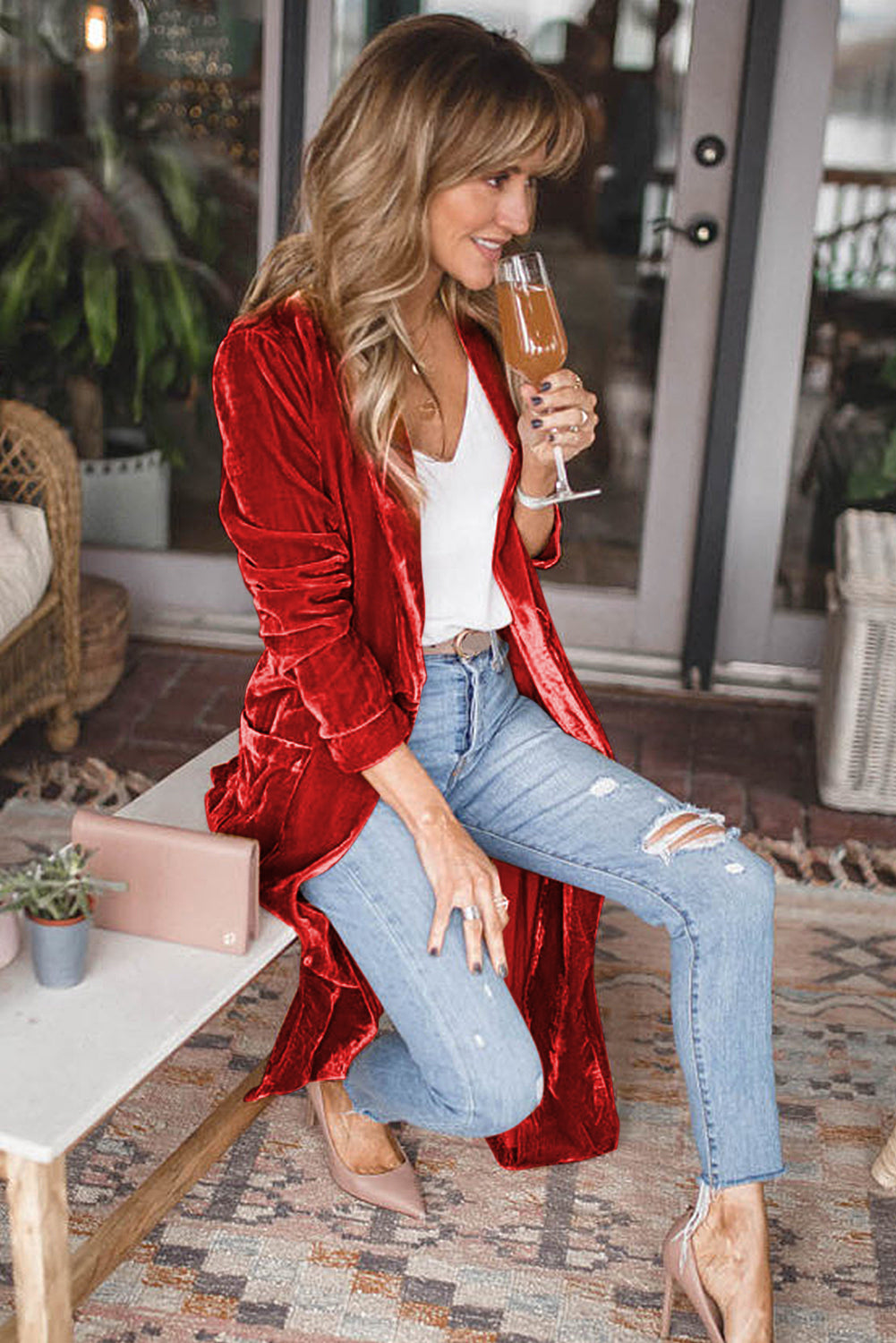 Red Velvet Elegant Open Front Pocket Long Cardigan Shewin