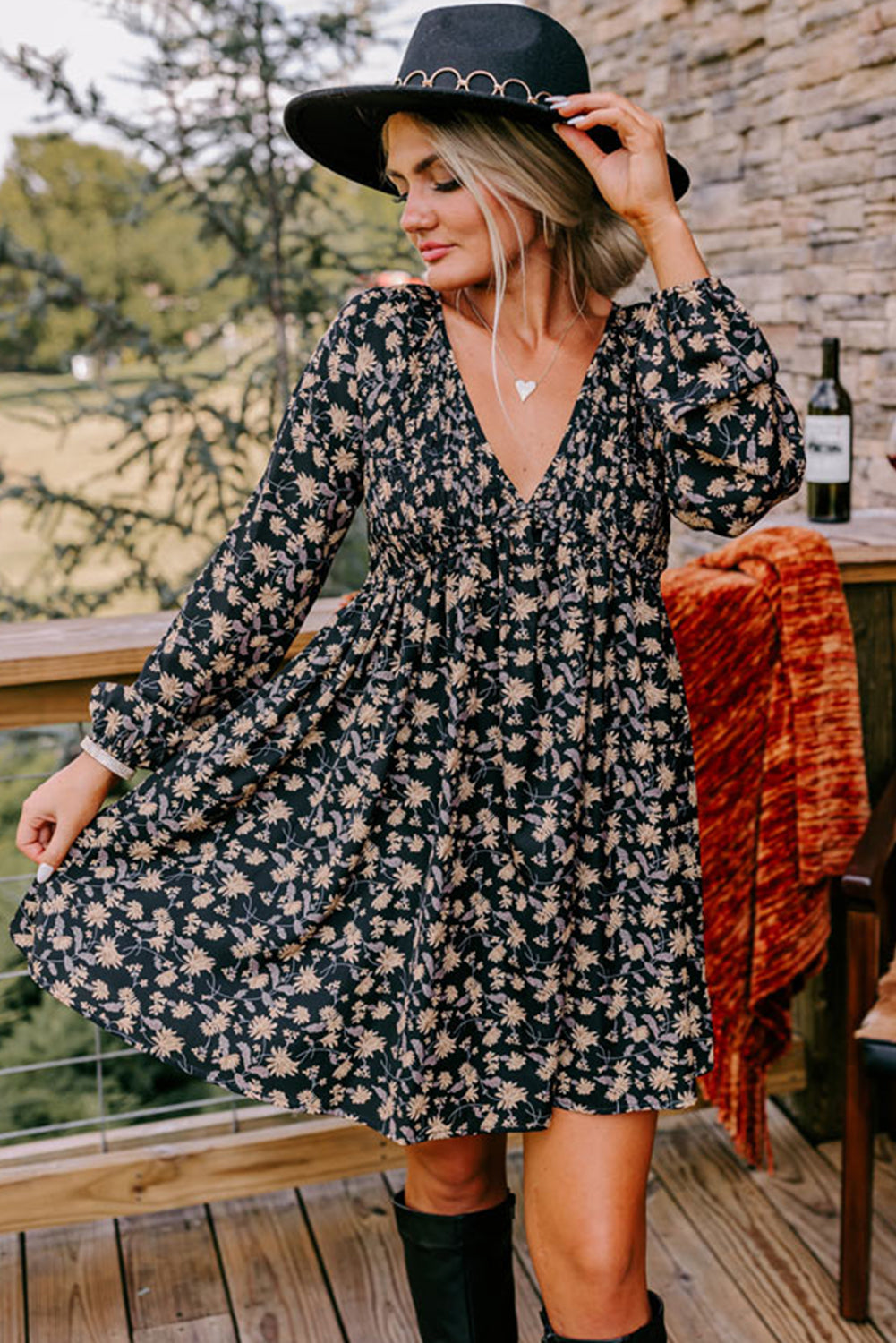 Beige Floral Smocked V Neck Bubble Sleeve Babydoll Dress Shewin