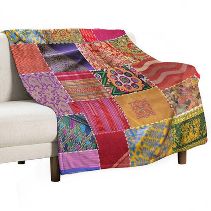Boho Art  Sari Patchwork Quilt Throw Blanket