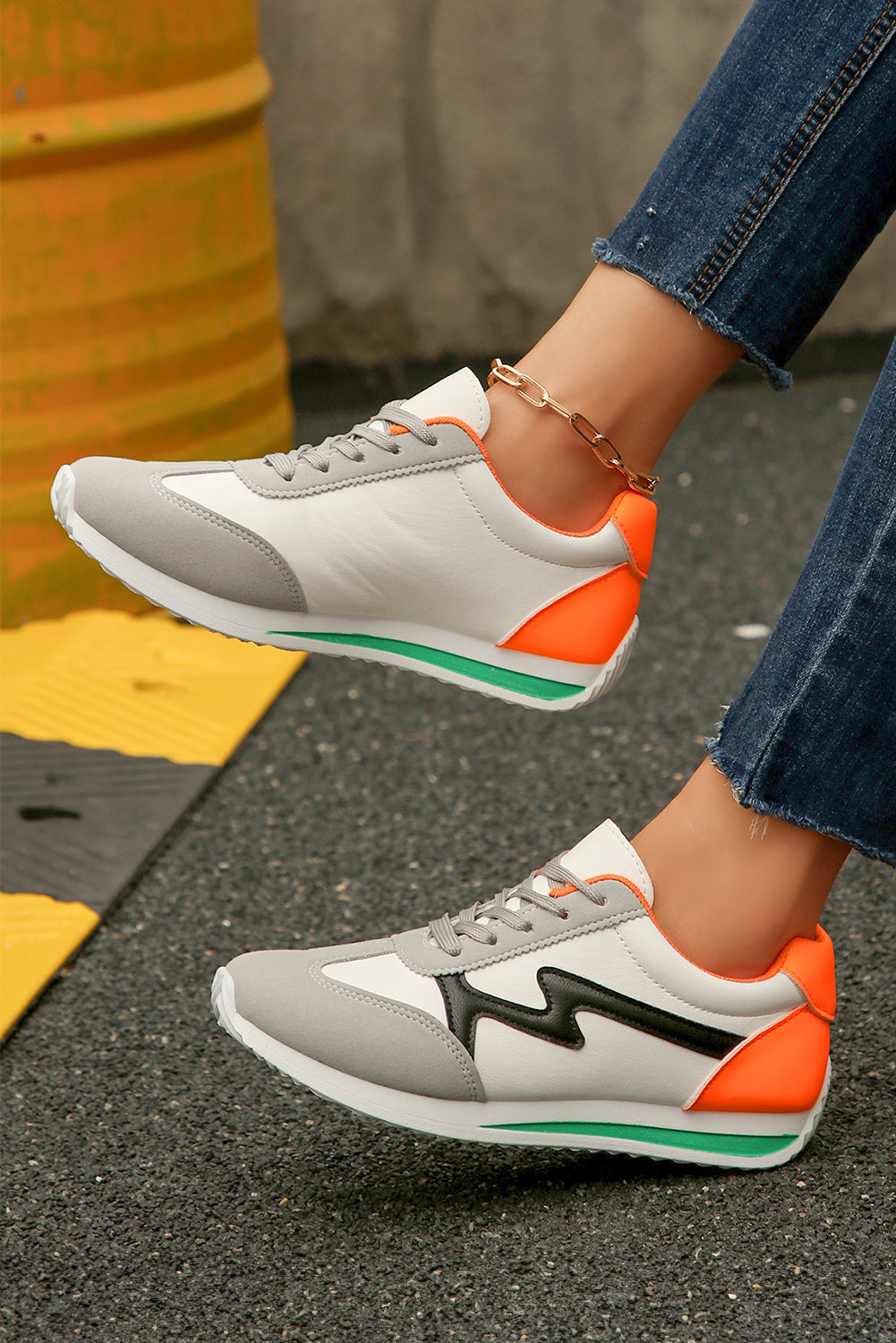 White PU Leather Color Block Patchwork Lace Up Sneakers Shewin