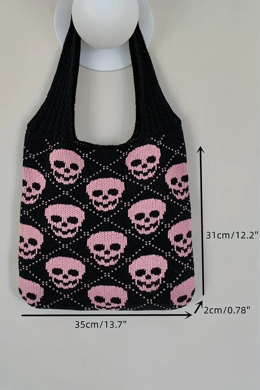 Black Plaid Skull Knit Tote Bag Shewin