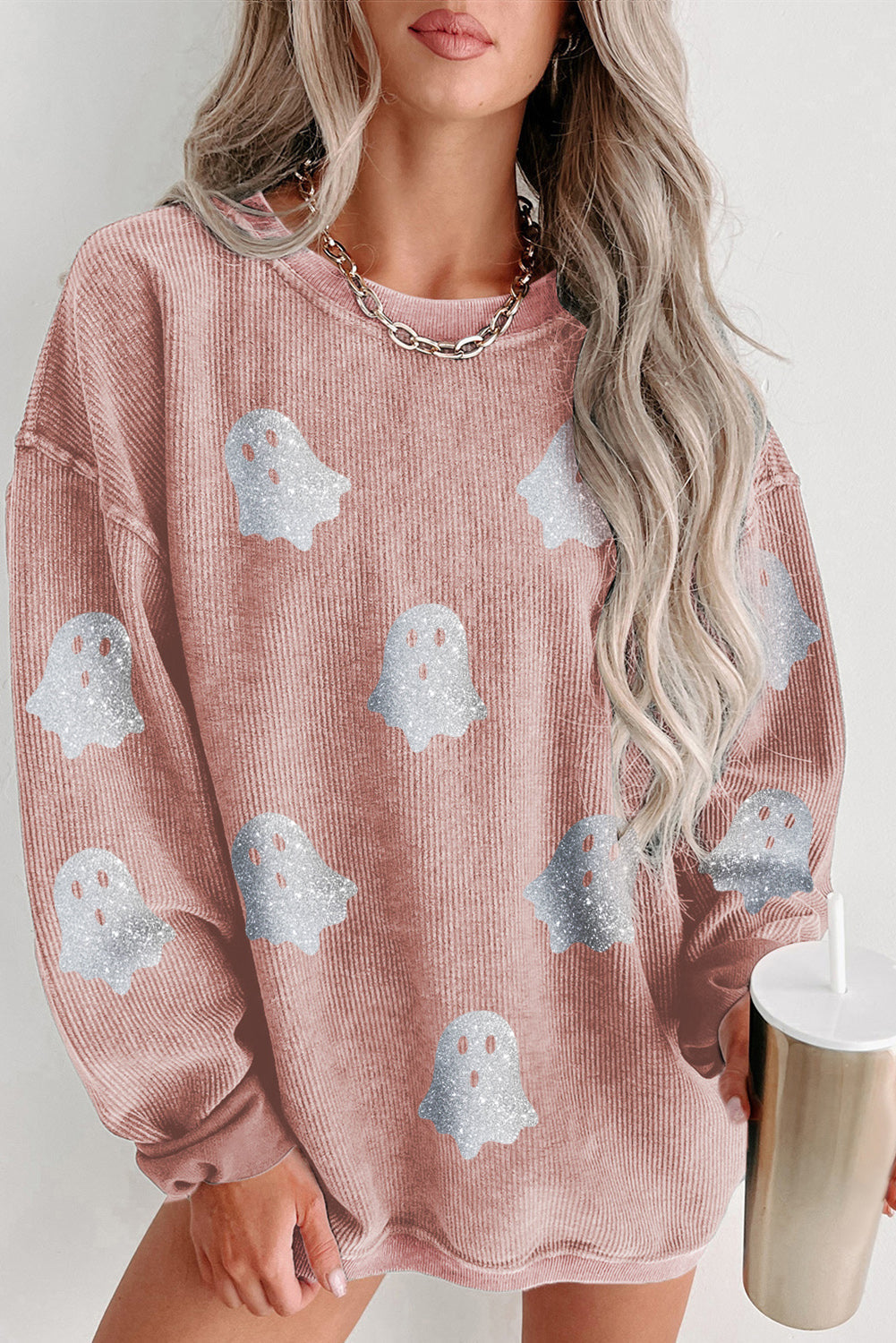 Black Halloween Ghost Corded Crew Neck Loose Sweatshirt Shewin
