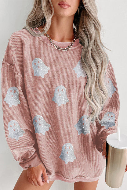 Black Halloween Ghost Corded Crew Neck Loose Sweatshirt Shewin