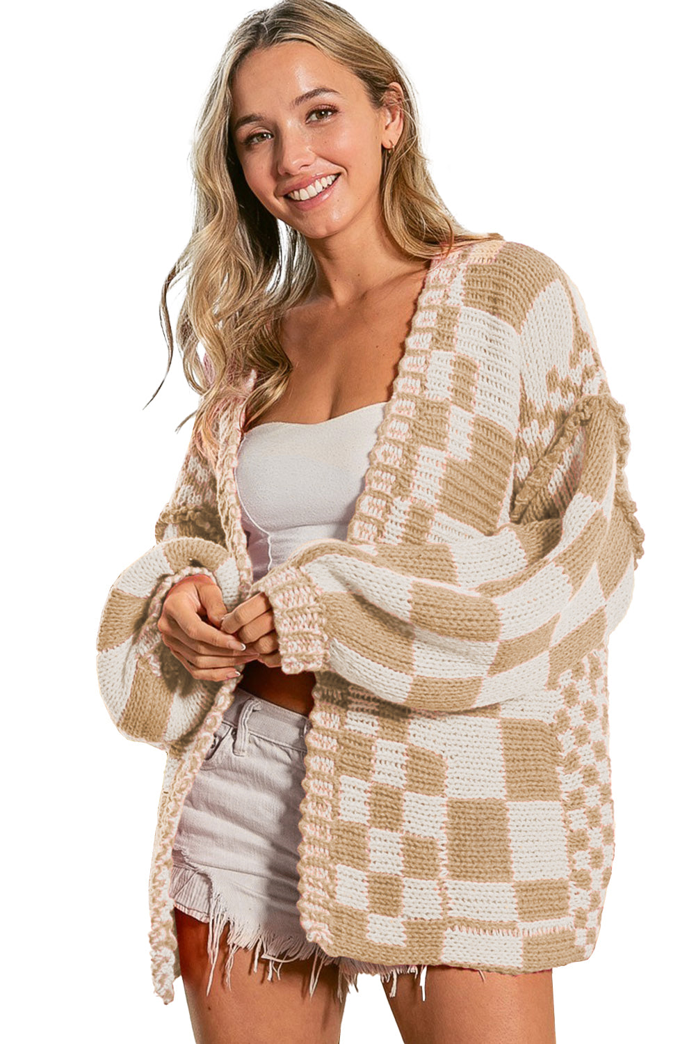 Dark Brown Colorblock Checked Loose Fit Open Front Knitted Cardigan Shewin