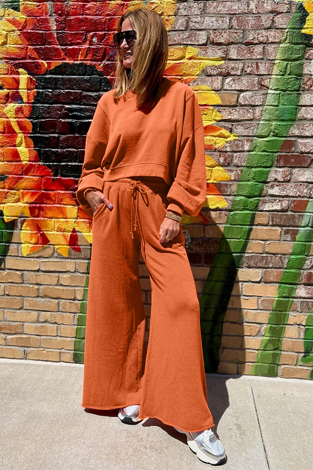 Flamingo Drop Shoulder Crop Pullover Drawstring Wide Leg Pants Set Shewin