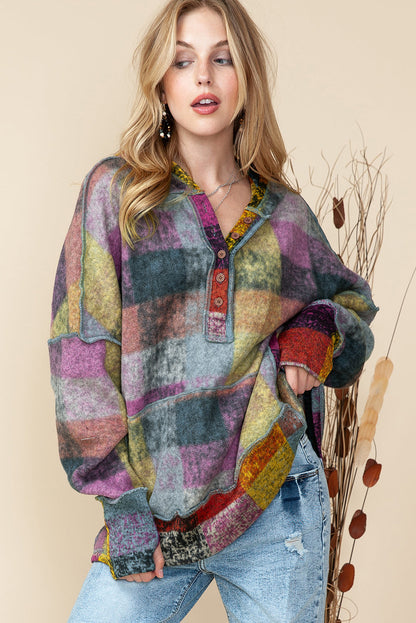 Multicolor Brushed Check Kangaroo Pocket Thumbholes Henley Hoodie Shewin