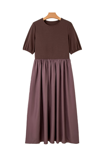 Coffee Knit Top Patchwork Pleated Half Sleeve Long Dress