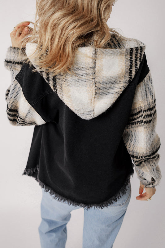 Black Patchwork Plaid Sleeve Frayed Hem Hooded Denim Jacket Shewin