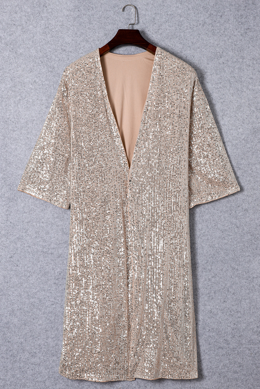 Apricot Sequin 3/4 Sleeve Open Front Duster Cardigan Shewin