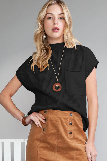 Gold Flame Patch Pocket Ribbed Knit Short Sleeve Sweater Shewin