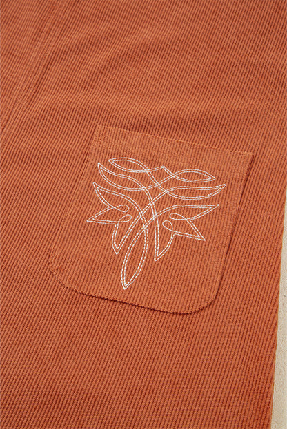 Gold Flame Corduroy Embroidered Patch Pocket Sleeveless Mini Dress Shewin