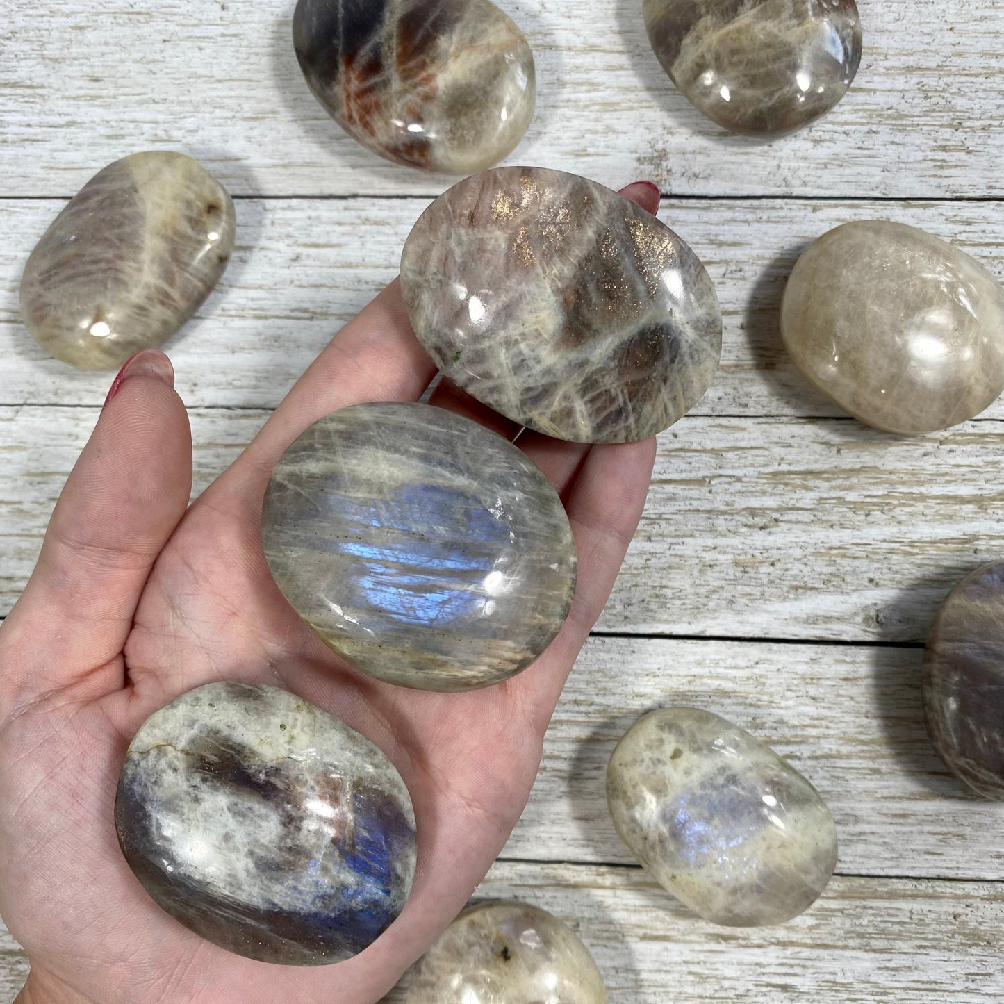 Moonstone with Sunstone Flashy Palm Stone