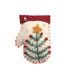 2" Felt White Mitten w/Green Tree Brooch Quirks!