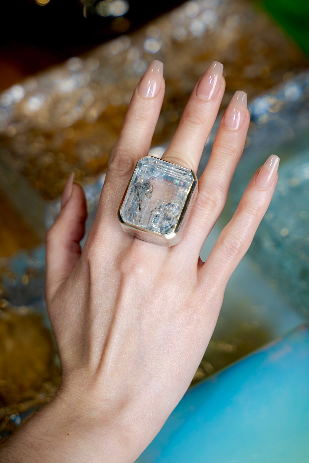 Square Goliath Ring in Striated Crystal (Silver) SHIPS IN APRIL