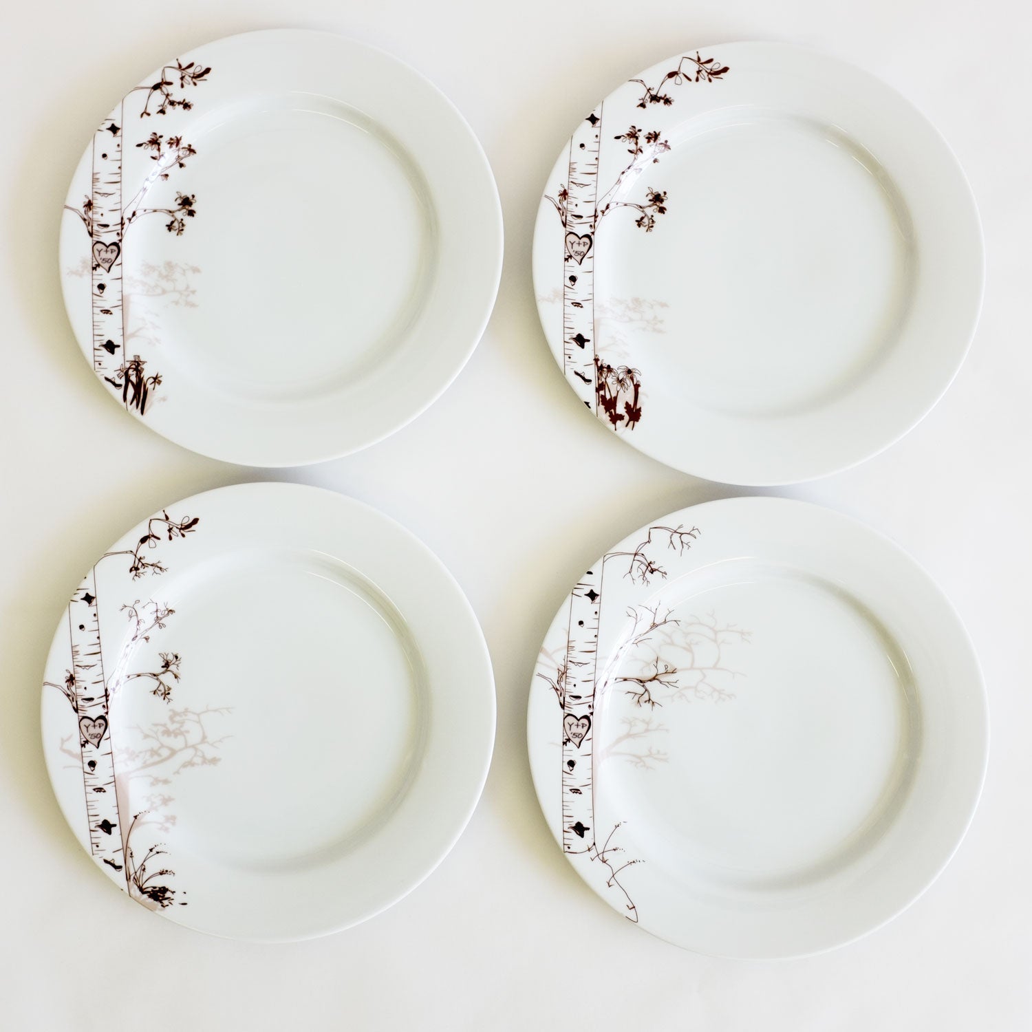 Personalized Birch Dessert Plate Set – Four Seasons Hand-Drawn Design rust designs