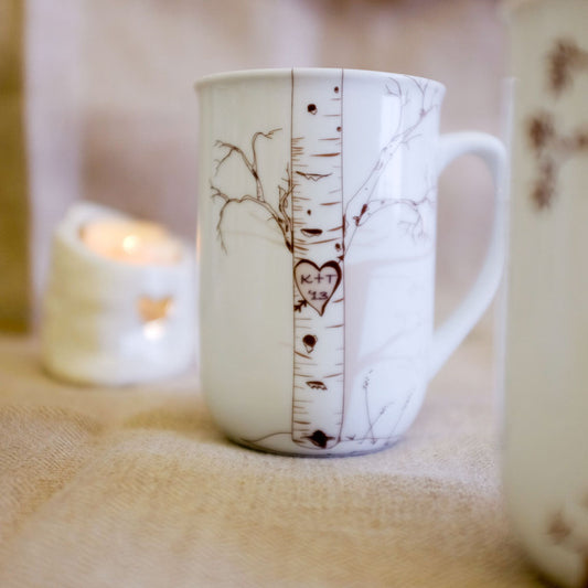 Personalized Ceramic Birch Mug Set – Custom Initials in Heart Design rust designs