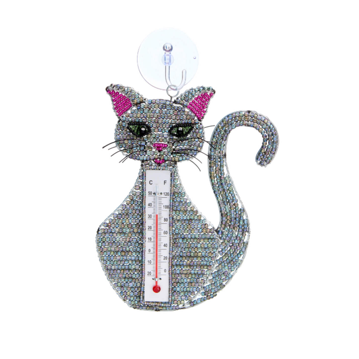 Handmade Cat Window Thermometer – Haitian Artisan Outdoor Décor.