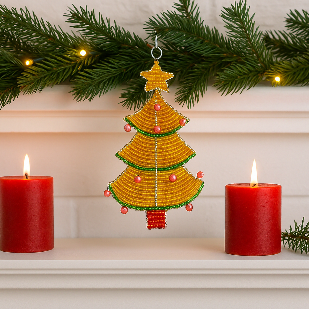 Beaded Christmas Tree with Star Ornament – Handmade Holiday Décor by Haitian Artisans.