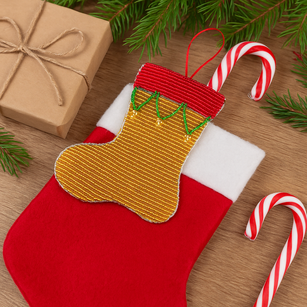 Handmade Beaded Christmas Stocking Ornament – Haitian Artisan Holiday Décor