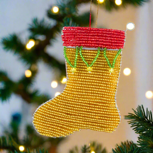 Handmade Beaded Christmas Stocking Ornament – Haitian Artisan Holiday Décor