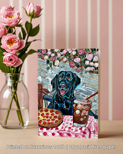 Black Labrador Dining - Greeting Card / Fine Art Print