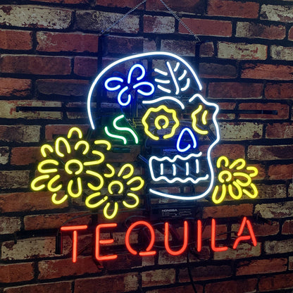 Tequila Lager Skull Bone with Flower Neon Signs Light Neon Signs Land