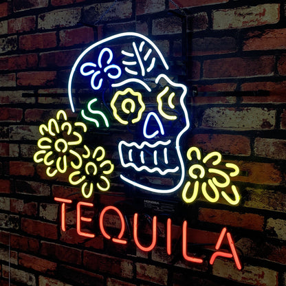 Tequila Lager Skull Bone with Flower Neon Signs Light Neon Signs Land