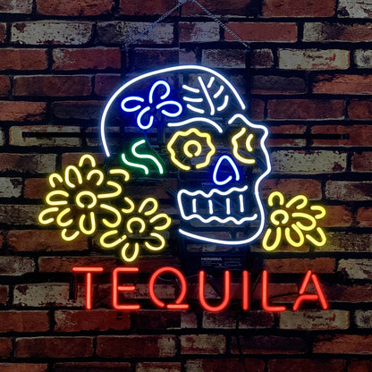 Tequila Lager Skull Bone with Flower Neon Signs Light Neon Signs Land