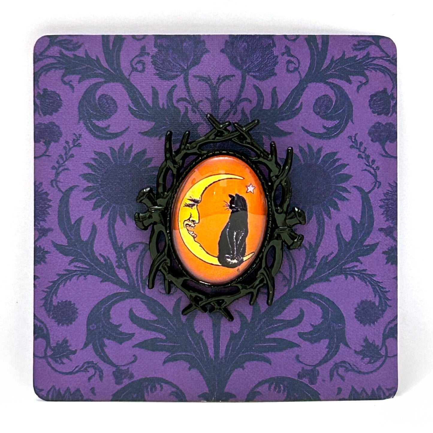 Vintage Halloween Cat on Moon Handmade Cameo Brooch Quirks!