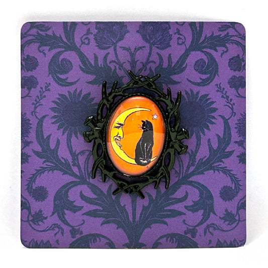 Vintage Halloween Cat on Moon Handmade Cameo Brooch Quirks!
