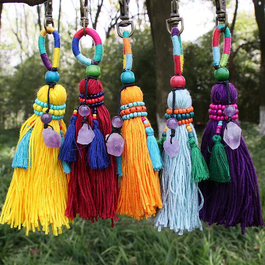 Boho DIY Handmade Colorful Yarn Tassels Keychains Bulk Ornament With Raw Healing Amethyst Crystal Stone for Bag Decoration