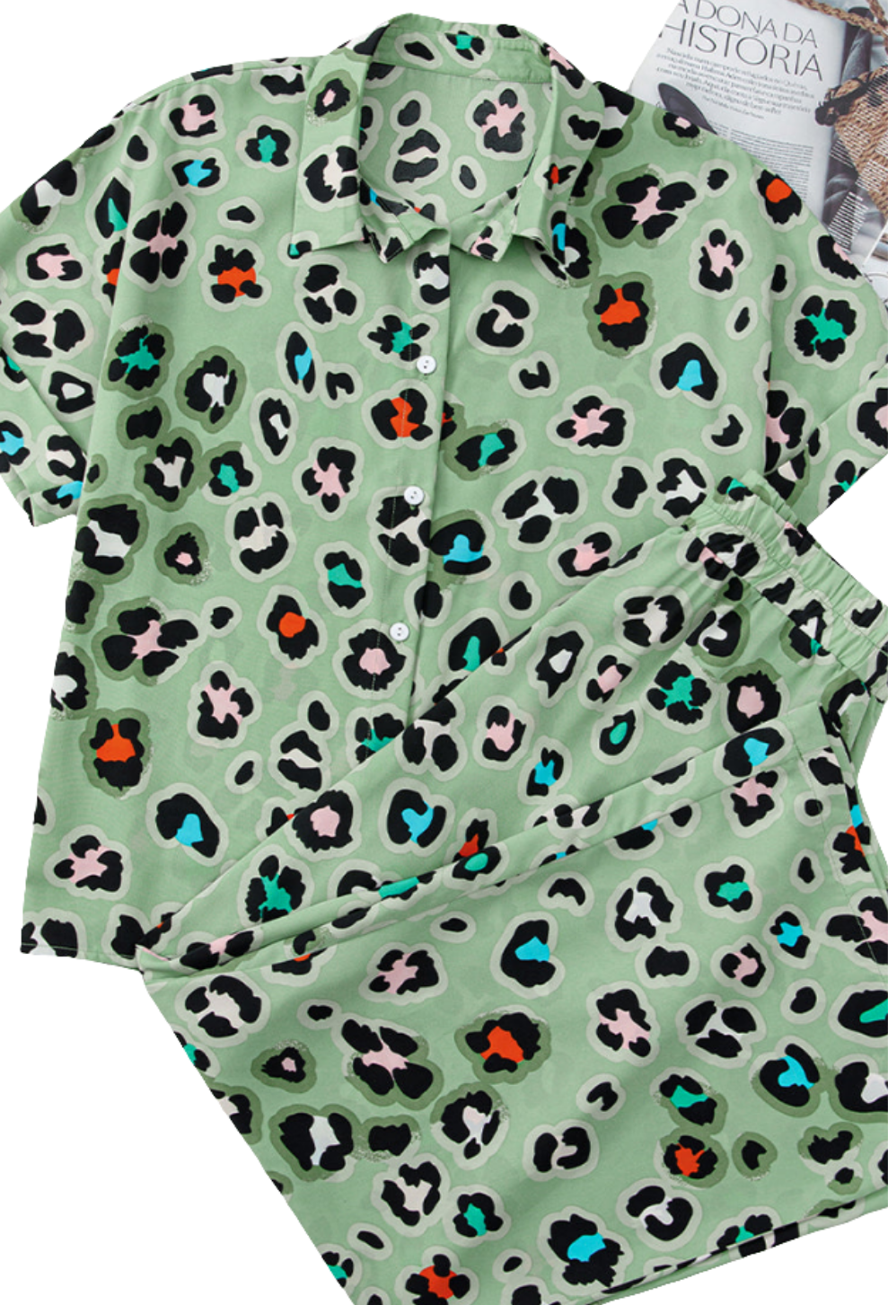 Green Leopard Print Short Sleeve Shirt and Wide Leg Pants Set Shewin
