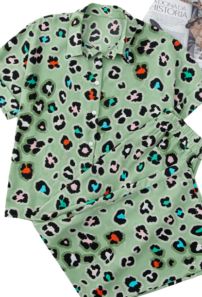 Green Leopard Print Short Sleeve Shirt and Wide Leg Pants Set Shewin
