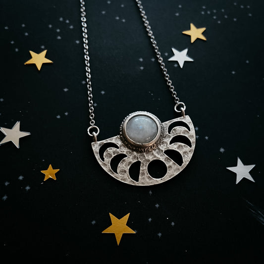 Yugen Handmade Pendant • Moon Goddess Necklace - Moon Phases & Rainbow Moonstone