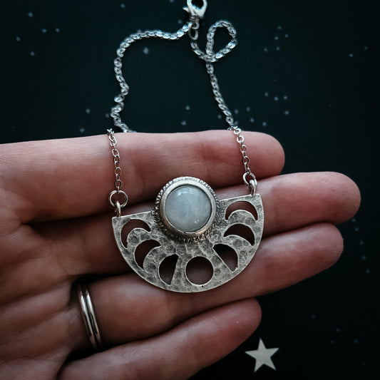 Yugen Handmade Pendant • Moon Goddess Necklace - Moon Phases & Rainbow Moonstone