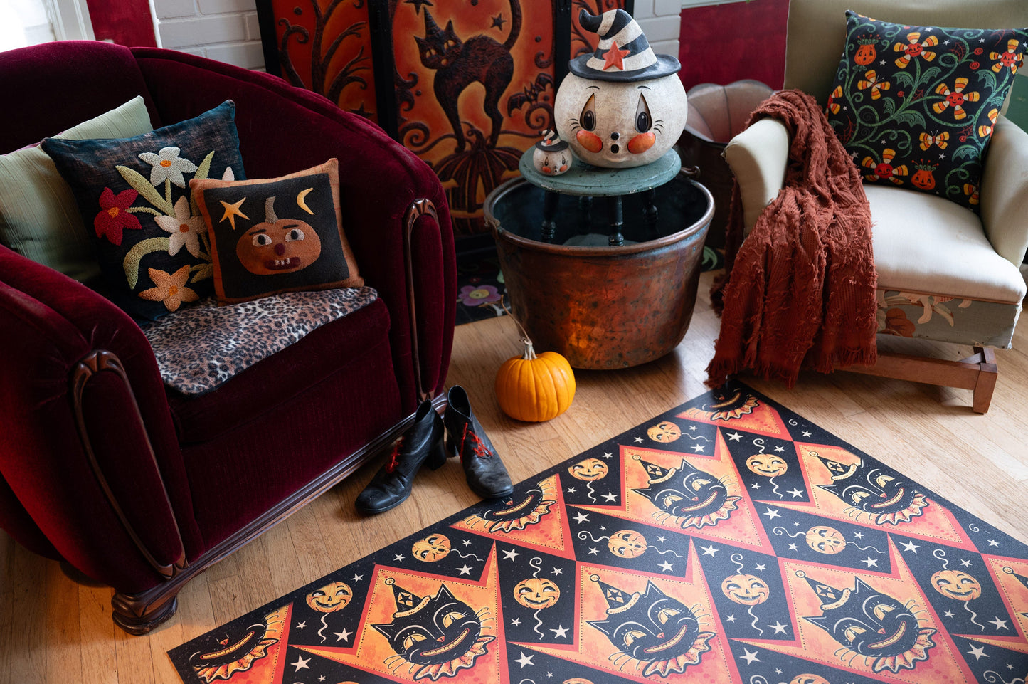 Grinning Black Cat Jack Harlequin Vinyl Floor Decor 52" x 76"